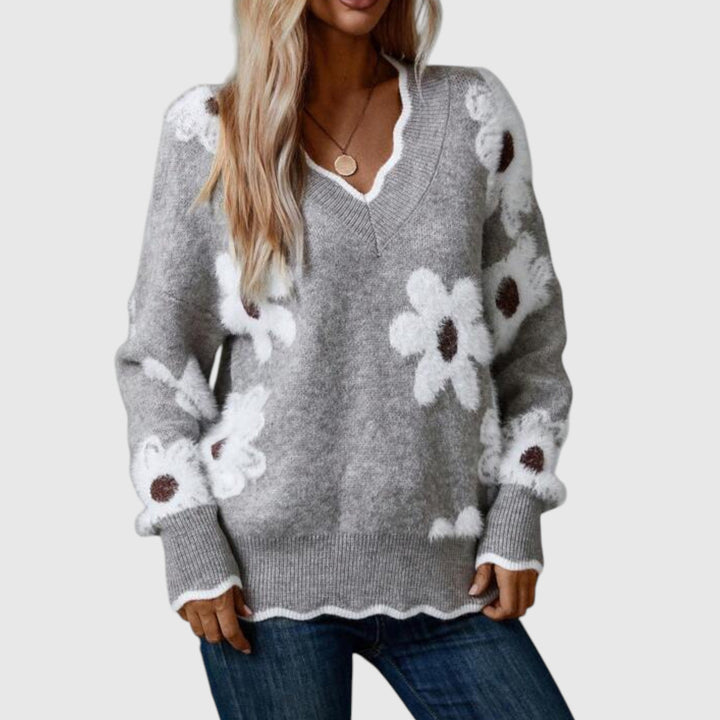 THEA - Elegáns V-nyakú pulóver virágos mintával
