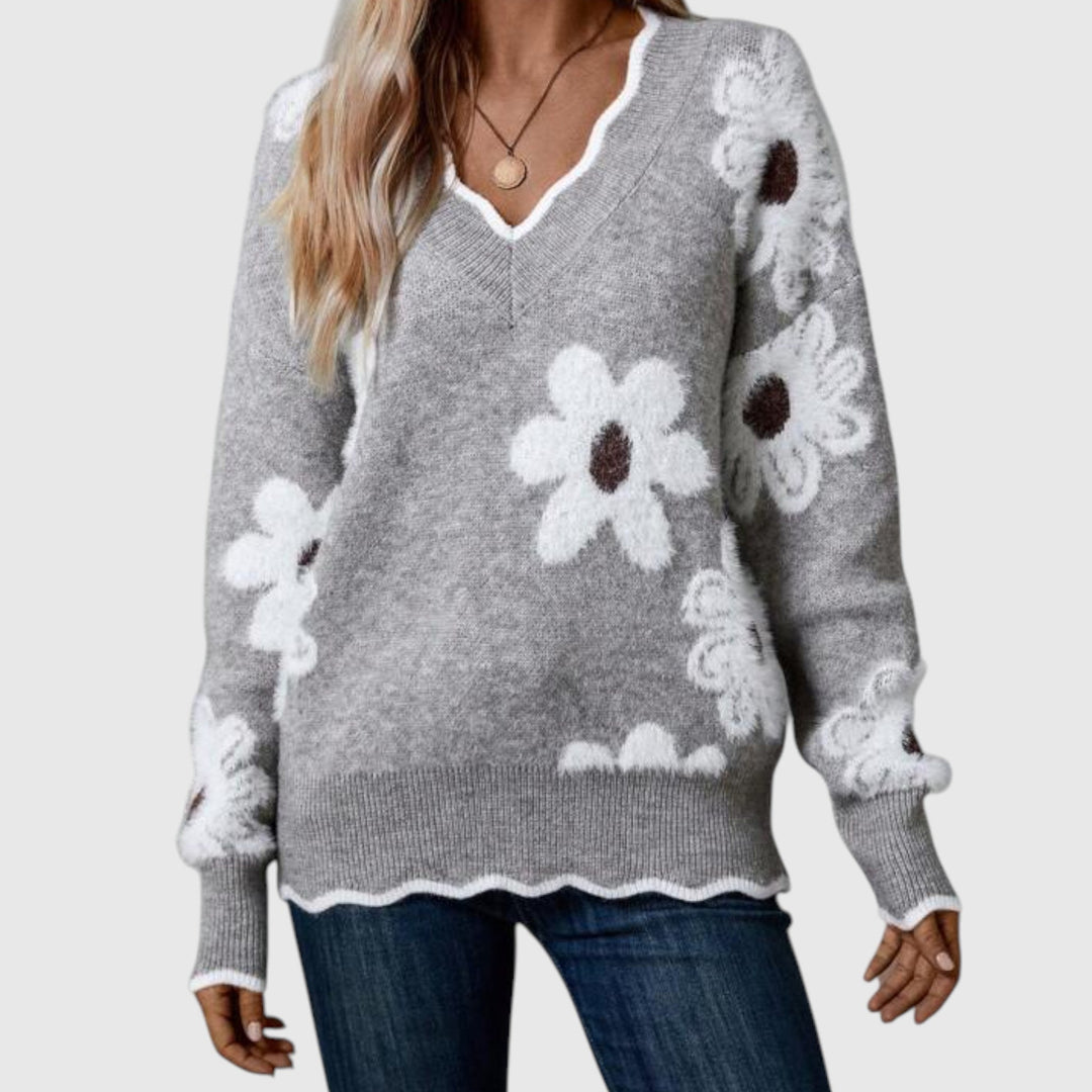 THEA - Elegáns V-nyakú pulóver virágos mintával