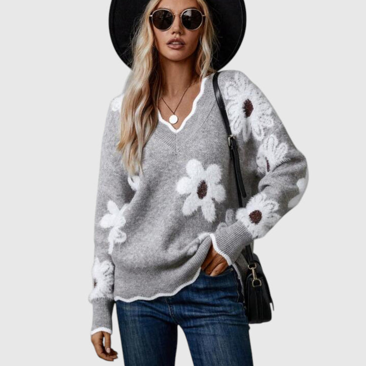 THEA - Elegáns V-nyakú pulóver virágos mintával