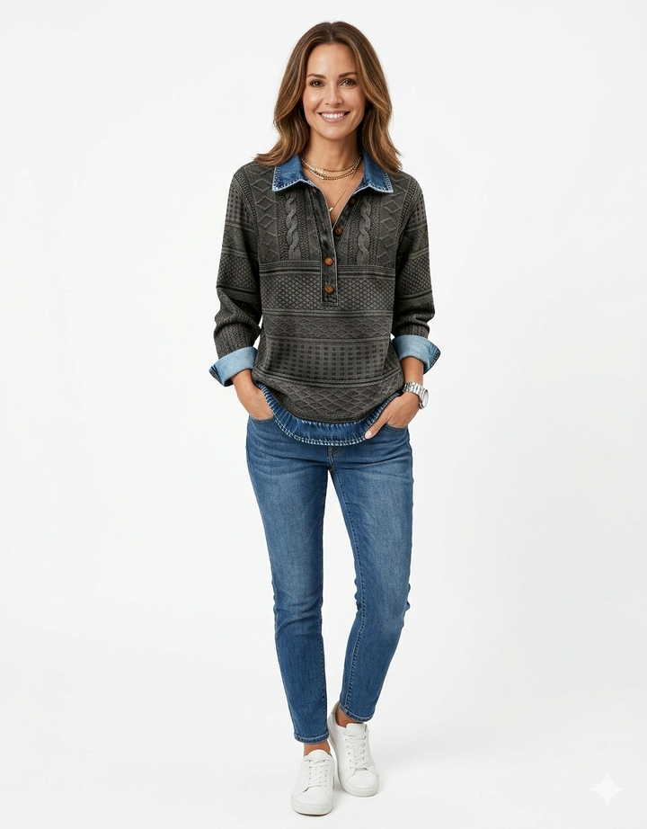 Dolores - Trendi Pulóver Fél Gombbal és Gallérral