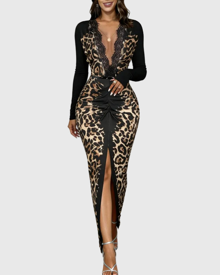 Divatos Mély V-nyakú Leopárd Bodycon Maxi Ruha