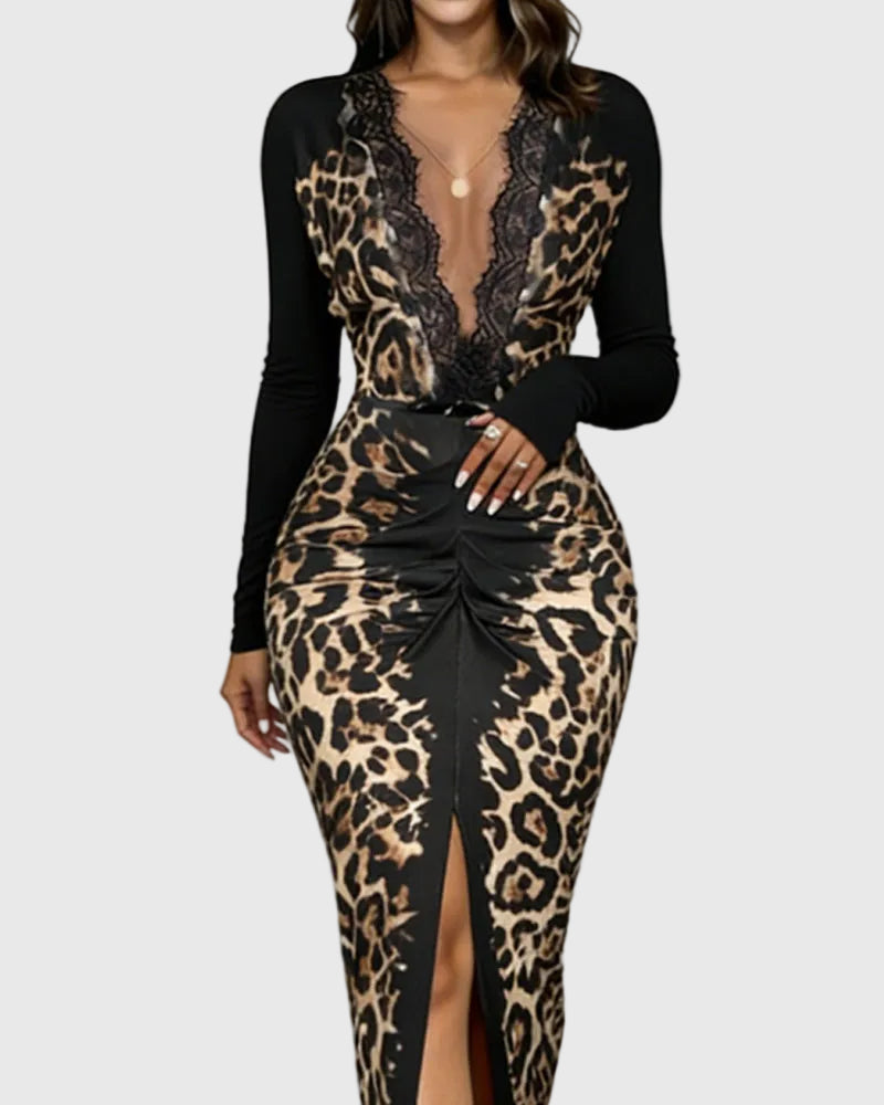 Divatos Mély V-nyakú Leopárd Bodycon Maxi Ruha