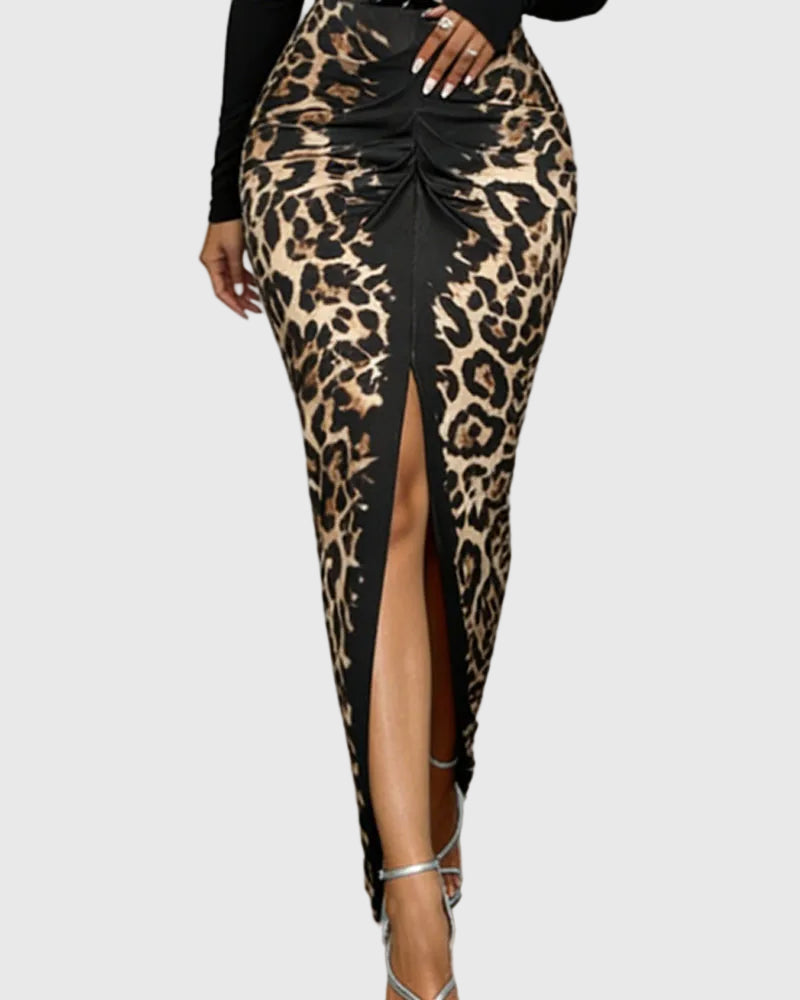 Divatos Mély V-nyakú Leopárd Bodycon Maxi Ruha