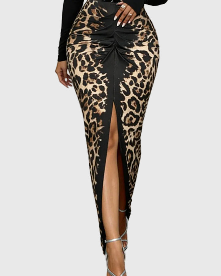 Divatos Mély V-nyakú Leopárd Bodycon Maxi Ruha