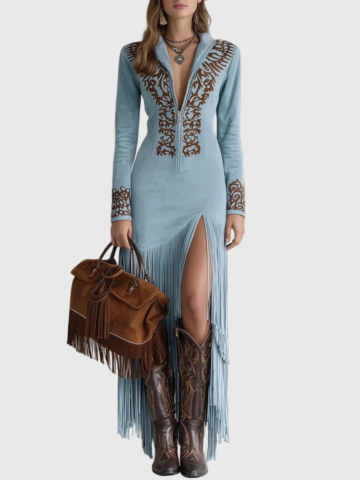 Ophelio Nyugati Fél-Zip Hímzett Műsuede Fringes Maxi Ruha