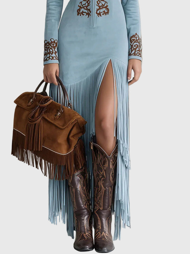 Ophelio Nyugati Fél-Zip Hímzett Műsuede Fringes Maxi Ruha