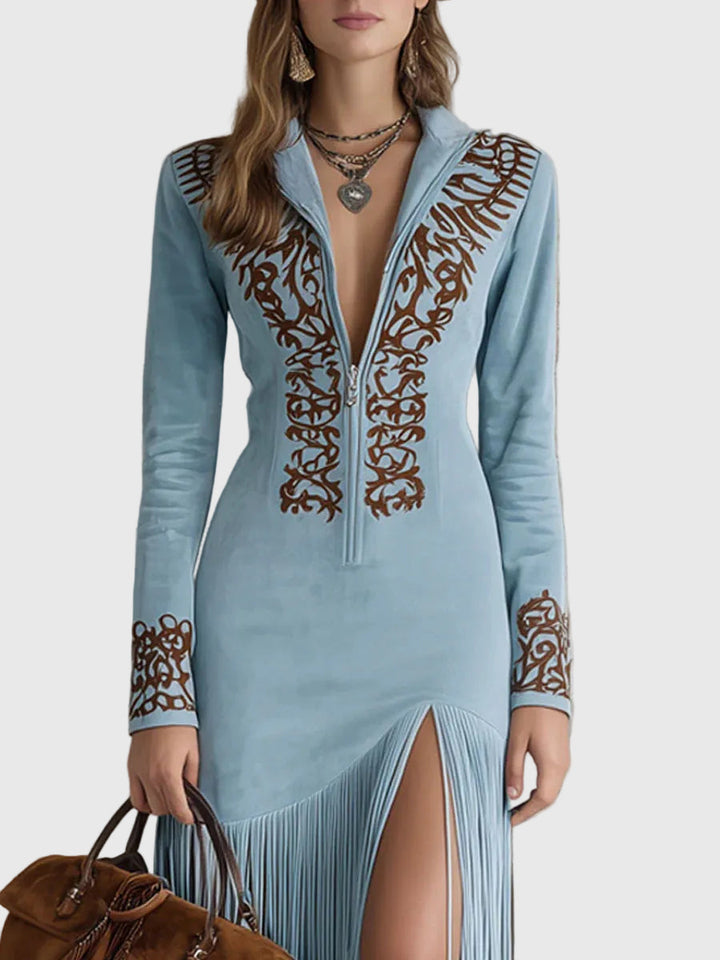 Ophelio Nyugati Fél-Zip Hímzett Műsuede Fringes Maxi Ruha