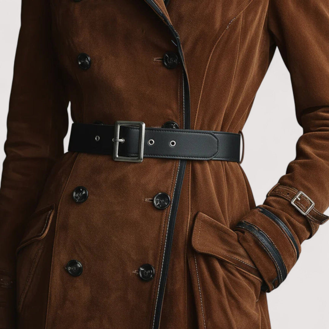 Siona - Hosszú kabát dupla gombolással, velúrbőr részletekkel