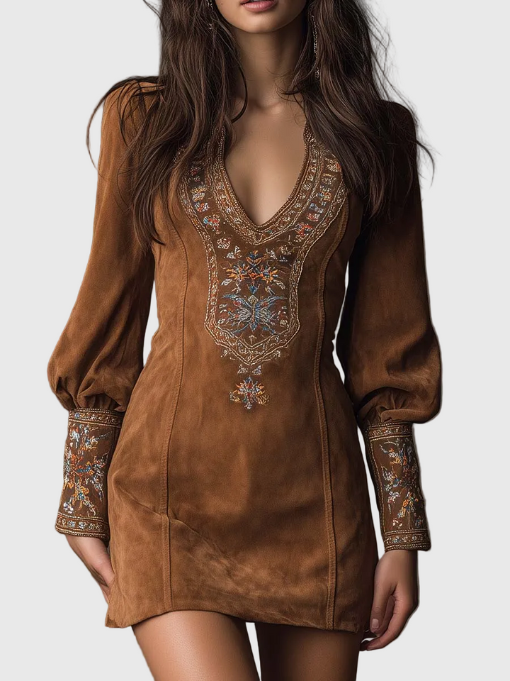 Petra - Hímzett mini velúr ruha Lila