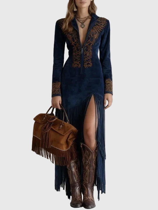 Ophelio Nyugati Fél-Zip Hímzett Műsuede Fringes Maxi Ruha