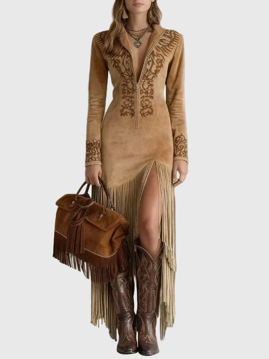 Ophelio Nyugati Fél-Zip Hímzett Műsuede Fringes Maxi Ruha