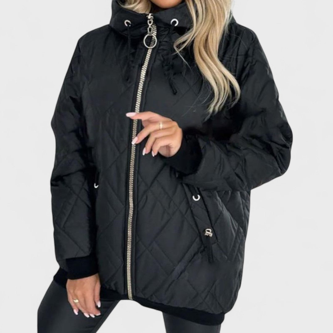 Marija - Elegáns puffos télikabát kapucnival és arany cipzárral